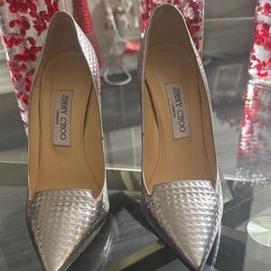 Jimmy Choo Silver Stiletto Heels with Woven Texture